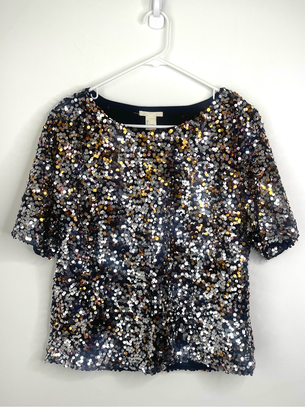 H&M Black Sequin Short-Sleeve Top with Silver & Gold Accents size large